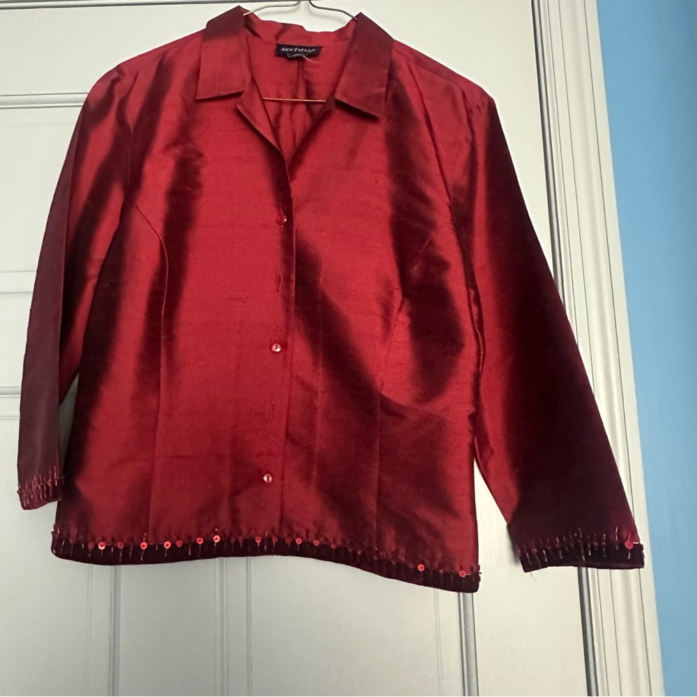 Red Satin Button-Up Three Quarter Sleeve Blouse with Sequin Trim